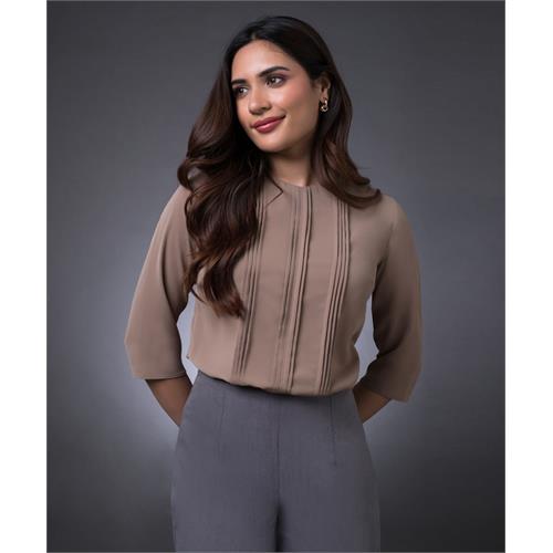 Front Pintuck Long Sleeve Brown Top