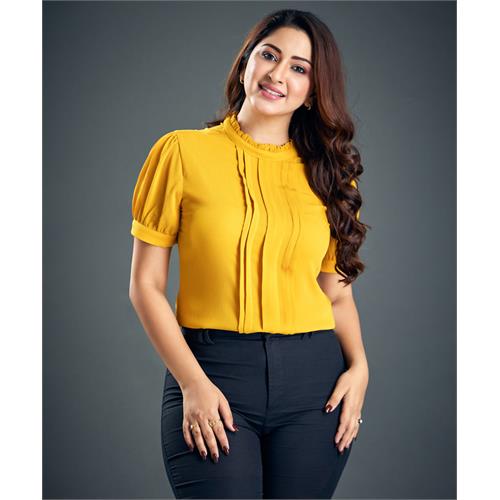 Front Pintuck Neck Band Yellow Top