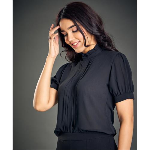 Front Pintuck Short Sleeve Black Top