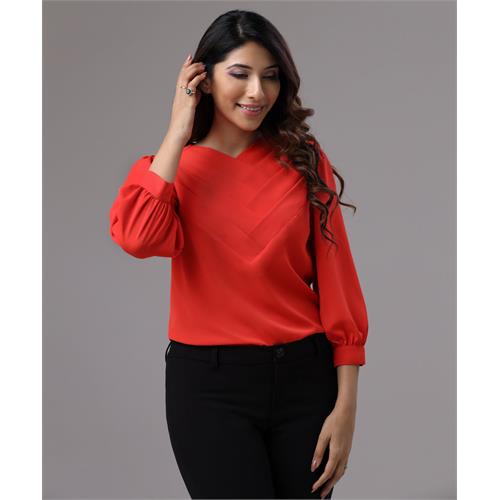 Front Side Pleated Orange Chiffon Top