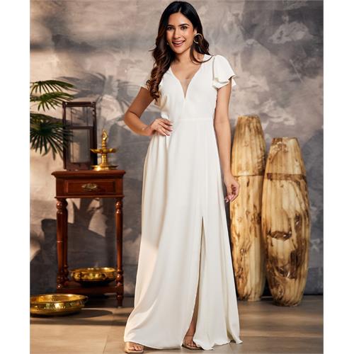 Front Slit Flared White Chiffon Maxi