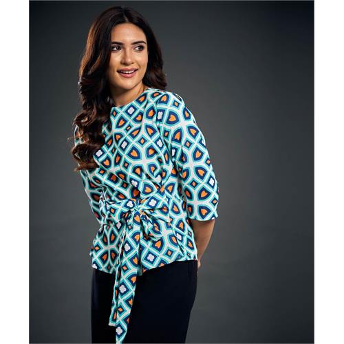 Front Tie Half Sleeve Printed Top