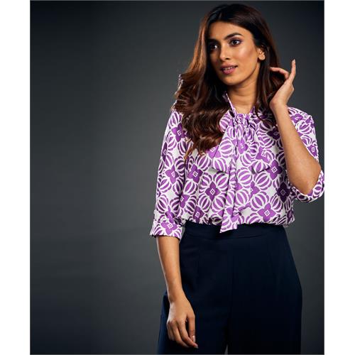 Front Tie Half Sleeve Purple Printed Top