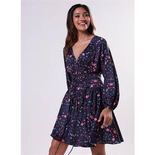 Front Tie Satin Printed Blue Dress