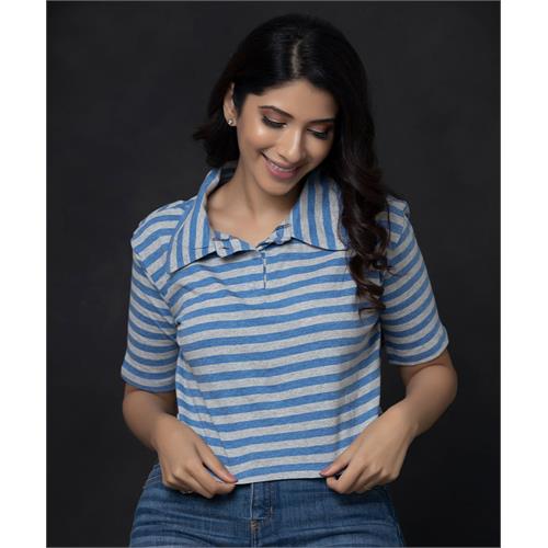 Gray and Blue Stripe Crop Tee