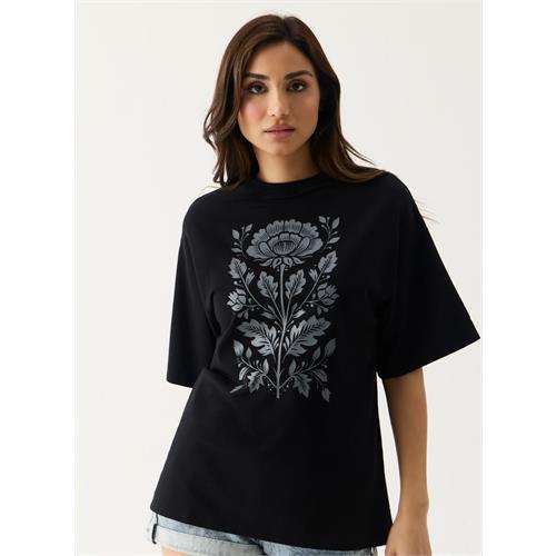 Grey Color Printed Rose Oversized T-shirt