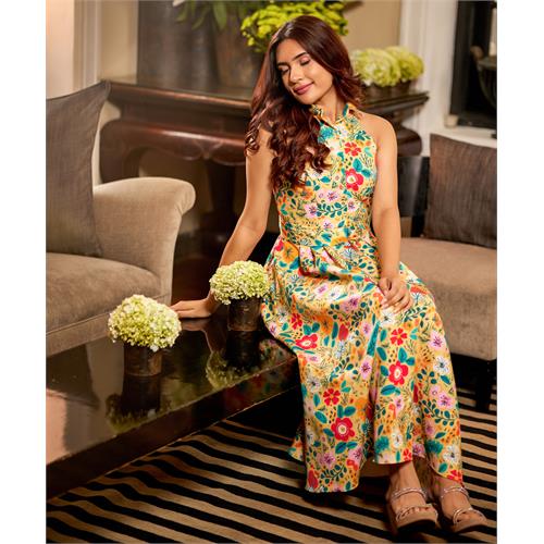 Halter Neck Floral Elegant Midi Dress