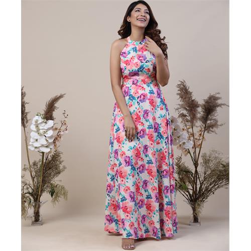 Halter Neck Floral Printed Chiffon Maxi