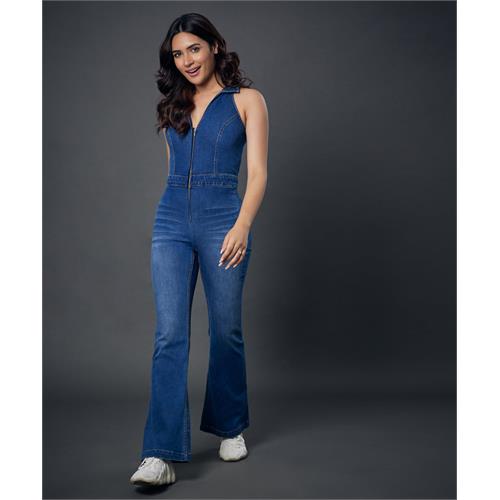 Halter Neck Front Open Denim Jumpsuit