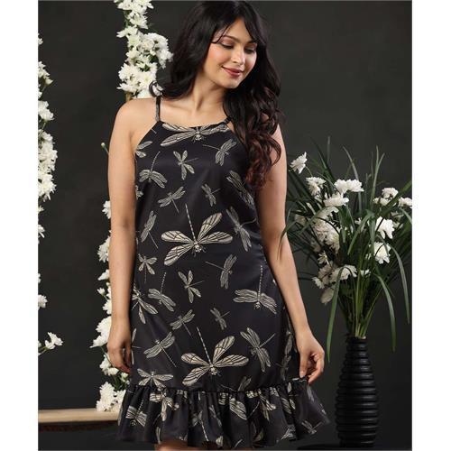 Halter Neck Printed Casual Black Dress