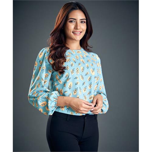 Leaf Print Lantern Sleeve Blouse