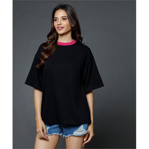 Mid Oversized Contrast Rib Black Tshirt