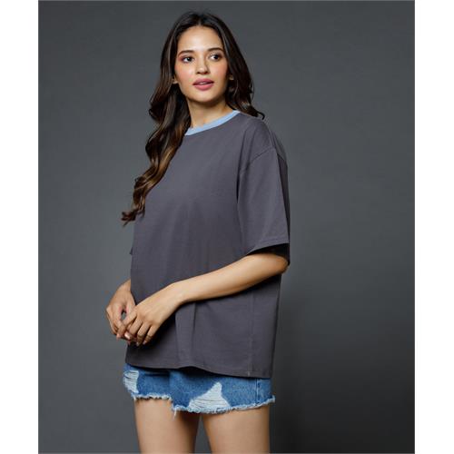 Mid Oversized Contrast Rib Grey Tshirt