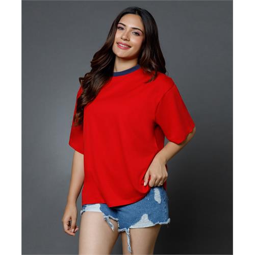 Mid Oversized Contrast Rib Red Tshirt