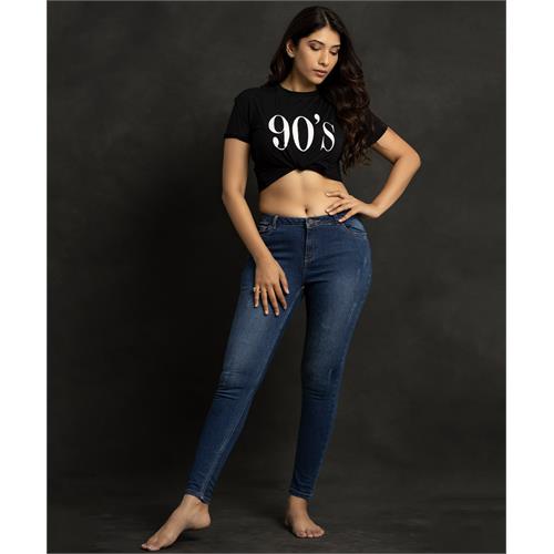 Mid Waist Shredded Dark Blue Jean