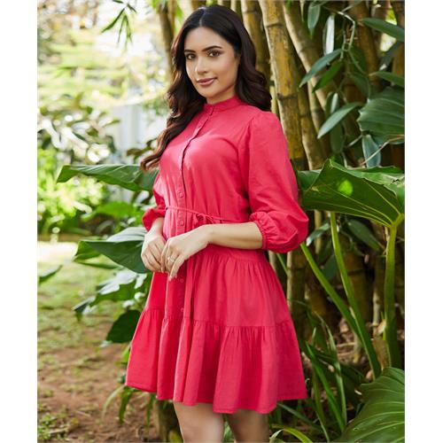 Mini Puffed Sleeve Red Cotton Dress