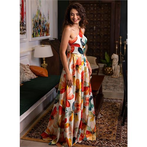 One Shoulder Printed Satin Top