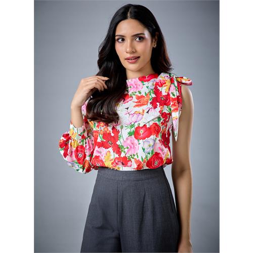One Sleeve Printed Chiffon Top
