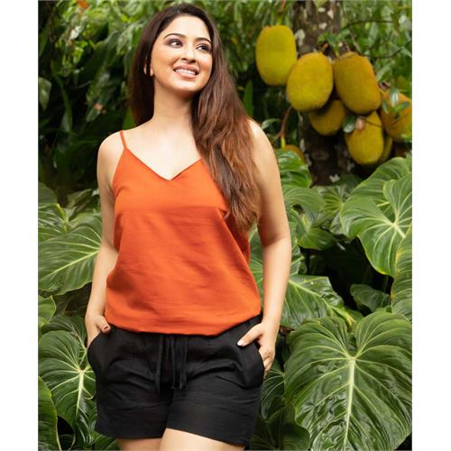 Orange Linen Noodle Strap Cami Top