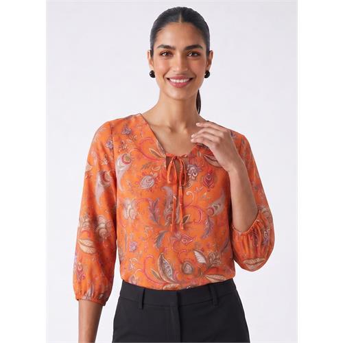 Orange Printed Deep V Neck Top