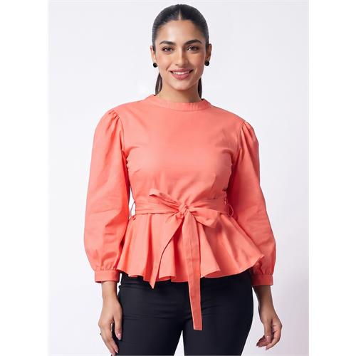 Peach Peplum Waist Tie Top