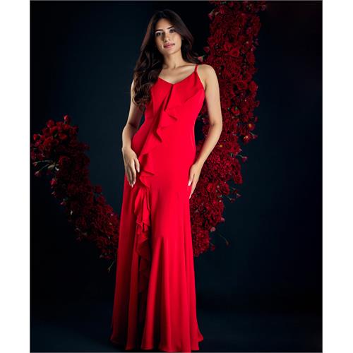 Red Frilled Maxi Dress