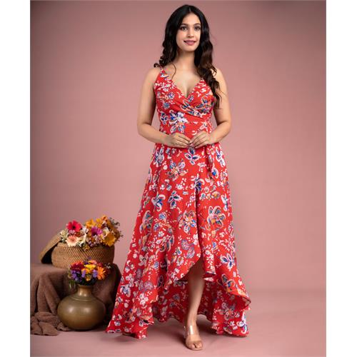 Red Frilled Maxi Floral Dress