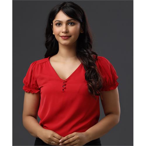 Red Puffed Sleeve Vneck Formal Top