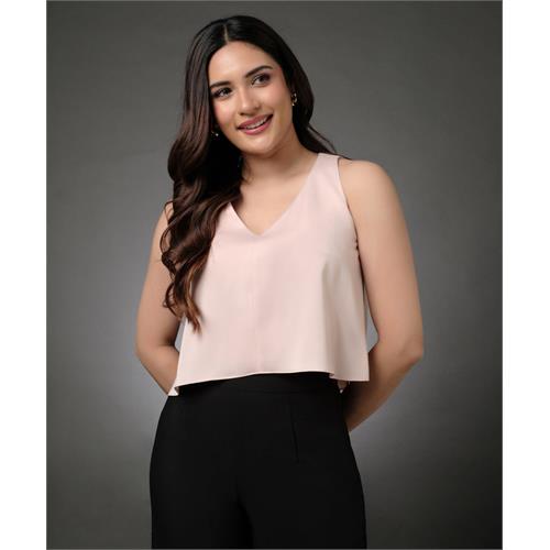 Silk Satin Vneck Sleeveless Beige Top