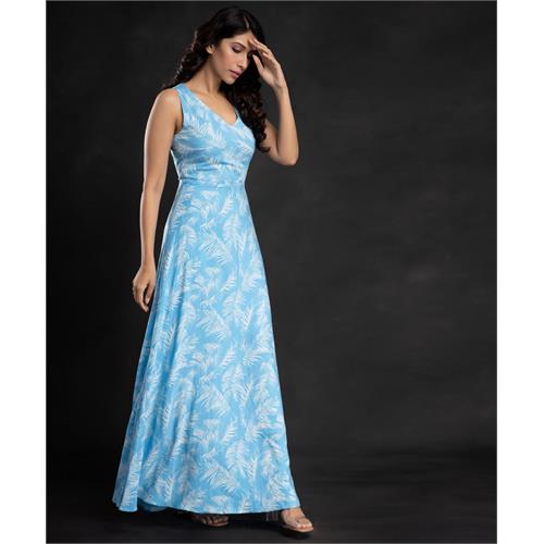 Sky Blue Leaves Printed Vneck Maxi