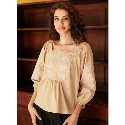 Square Neck Cotton Embroidered Beige Top