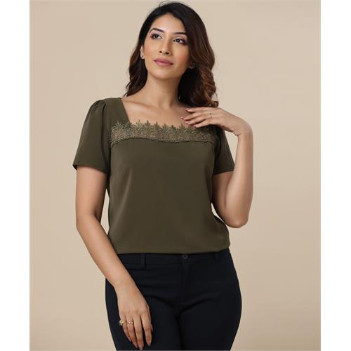 Square Neck Trim Detailed Khaki Top