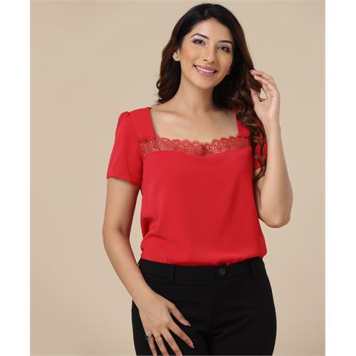 Square Neck Trim Detailed Red Top