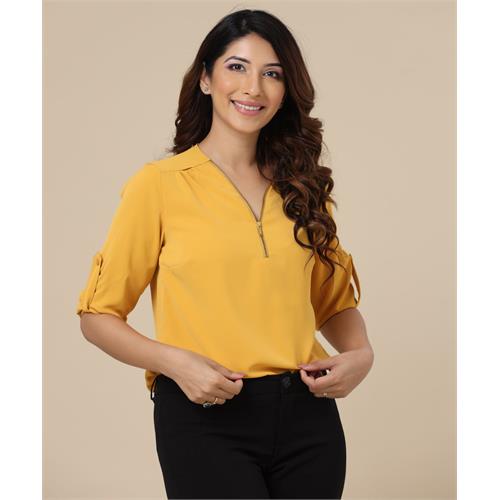 Tab Sleeve Front Zipper Mustard Top