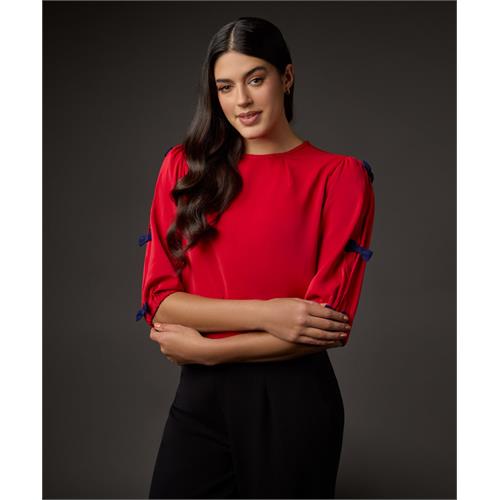 Tiny Bow Solid Chiffon Half Sleeve Top-Red