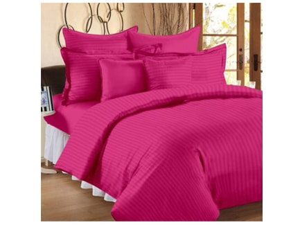 The Bedsheet Factory Classy & Elegant Self Striped Satin Cotton Flat Bed Sheet Hot Pink (Queen Size)