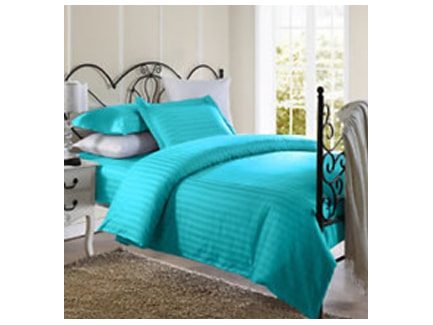 The Bedsheet Factory Factory Classy & Elegant Self Striped Satin Cotton Flat Bed Sheet With 2 Pillowcases Turquoise Blue